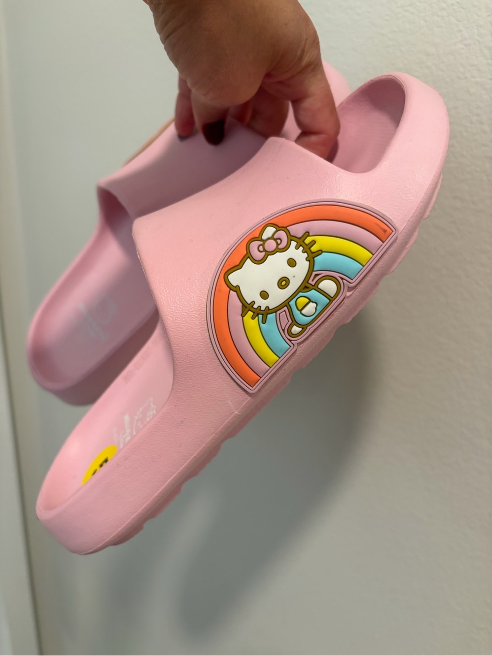 New Hello Kitty Pastel Pink Kids Slide Sandals with Rainbow Graphic